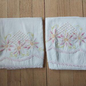 Vintage pillowcases, 100% cotton, pink floral embroidery